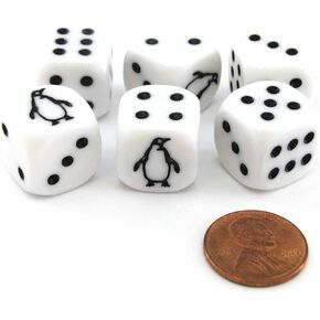 Set of 6 Penguin 16mm D6 Round Edged Koplow Animal Dice - White with Black Pips