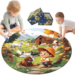 Floor Puzzle for Kids Ages - 70 Piece Large Farm Themed Round Floor Puzzle for Kids Ages 3 4 5 6 7 8 - Toddler Preschool Farm Educational Toy Gift