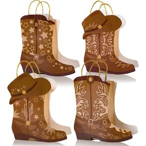 24Pcs Cowboy Boots Paper Bags Western Theme Party Decorations Favors Wild West Kraft Gift Bag with Handles Rodeo Cowgirl Boot Hat Goodie Bag for Cowboy Birthday Bachelorette Baby Shower Party Supplies