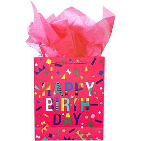 Progibbs LLC Gift Bag with Card and Tissue Paper (Pink) - Birthday Gift Bag for Presents - Party Bag with Handles for Birthday,Kids,Wedding,Celebrations,Baby Shower