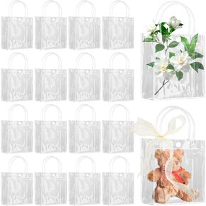 Takytao 50 Pcs Clear Gift Bags with Handles, Small Gift Bags Plastic Clear Bags with Champagne Ribbon Reusable Goodie Bags Clear Party Favor bags Bulk for Weddings Birthday Baby Shower Party