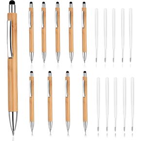 TIESOME Retractable Ballpoint Pen with Stylus Tip, 10 Bamboo Wooden Ball Point Pens with 10 Replaceable Refills 1.0mm Medium Point Black Ink Pen Stylus Pen for Touch Screens School Office Supplies