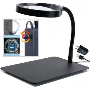 Magnifying Glass with Light and Stand 10x Magnifying Flexible Gooseneck LED Desk Lamp Hands Free for Craft Reading Painting Hobby Close Work (Black)