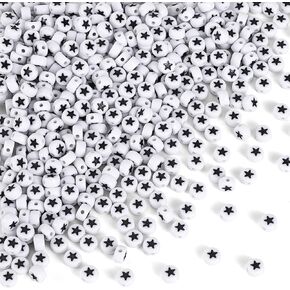 OIIKI 250PCS White Round Star Pattern Beads for Jewelry Making, 0.15x0.26in Flat Disc Acrylic Star Loose Beads for Bracelets, Necklace, Earrings (4x7mm/0.15x0.26in, White Bead, Black Star)