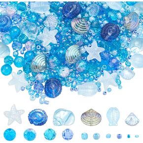 SUNNYCLUE 1 Box About 3000Pcs Blue Ocean Beads Kit Summer Glass Beads Bulk Cute Small Cyan Hawaii Sea Fish Seashell Starfish Spacer Round Seed Beads for Jewelry Making Kits Bracelet Diy Beading Crafts