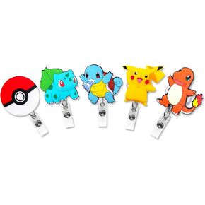 5 Pcs Set Poke Monster Cartoon Anime Badge ID Clip Reel Retractable Holder Office Work Nurse Name Badge Tag Clip On Card Holders Cute - 30 inch Cord Extension