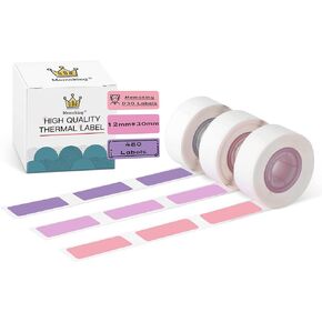 D30 Label Maker Tape - Compatible with Memoking/Phomemo D30 Label Printer Machine, 12x30mm Waterproof Thermal Printer Labels, Purple/Rose Red/Pink Sticker Machine Label, 3 Rolls