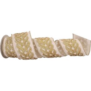 Regency International Jewel Pearl Trim on Dupion Ribbon, 15 Feet Length, Ivory and Gold