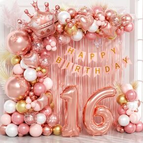 123 قطعة من زينة الحفلات الحلوة 16، زينة عيد الميلاد السادس عشر للفتيات مع 16 لافتة حلوة و16 بالون ستارة مهدبة باللون الوردي والذهبي واللؤلؤ الأبيض لعيد الميلاد السادس عشر