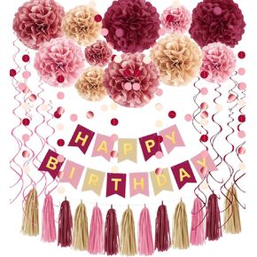 Pink Burgundy Decorations Kit - Tissue Paper Pom Poms, Happy Birthday Banner, Paper Tassel, Circle Garland & Hanging Swirl Party Decoration