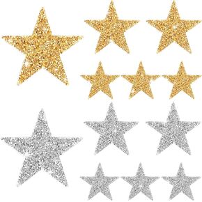 12pcs Gold Star Iron on Patch Silver Sequin Star Patches Adhesive Rhinestone Applique Stickers Vintage Patch Fabric Patch Stars Glitter Crystal Patches for Clothes, Jeans, Jackets, Caps, Dress, Bag