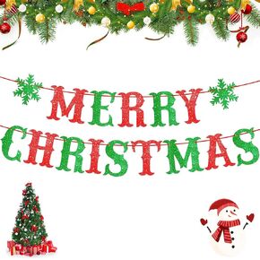Red & Green Glittery Merry Christmas Banner, Xmas Signs Hanging Banner, Christmas Decorations Set for Christmas Home Wall Fireplace Party Decorations Supplies