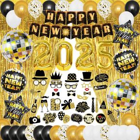 Huge New Years Eve Party Supplies 2025, Pack of 74, 4D Disco Ball Balloons, Happy New Year Banner for Happy New Year Decorations 2025, New Years 2025 Balloons, Fringe Curtain for NYE Decorations 2025