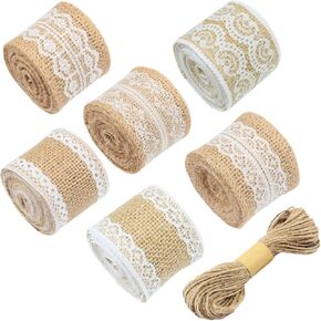 6 Rolls Natural Burlap Ribbon with White Lace and 32 Feet Jute Twine for DIY Home Decoration, Wedding Party and Gift Packaging