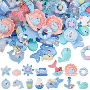 SUNNYCLUE 84Pcs 14 Styles Summer Resin Charms Blue Flatback Charms Ocean Life Flat Back Charm Starfish Fish Shell Whales Ships Beach Hawaii Cabochons for Crafts Embellishments Scrapbook Making DIY