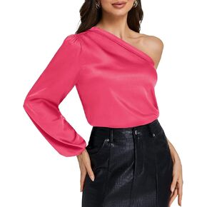 Rooscier Women's Satin One Shoulder Lantern Long Sleeve Loose Fit Workwear Blouse Top in Kuwait