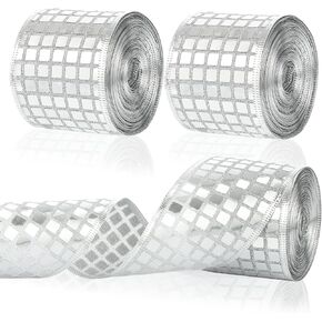 30 Yard Silver Christmas Tree Ribbon, Silver Sparkly Metallic Square Ribbon Christmas Glitter Wired Ribbon Disco Christmas Decor Sequins Ribbon for DIY Wrapping Gift Wedding Decor（Total 30 Yard）