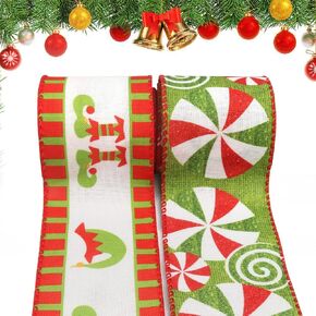 Threetols 2 Rolls 10 Yards Christmas Wired Edge Ribbons, 2.5inch Red Green Stripe Burlap Ribbons,Xmas Candy Elf Ribbon for Winter Christmas DIY Craft Wreath Bow Decor