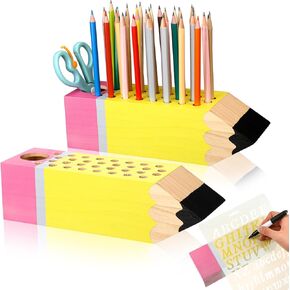 Kisston 6 Pcs Teacher Appreciation Gift Wooden Teacher Appreciation Pencil Shape Holder with Letter Stencils Markers Name DIY Pencil Organizer for Graduation Teachers Office Desk Gift