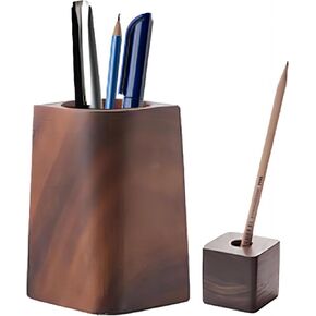 2PCS Wood Desk Pen Holder Pencil Organizer,Black Walnut Wood Desk Decoration,for Stationery, Makeup Brushes,Desks, Offices(L＆S)