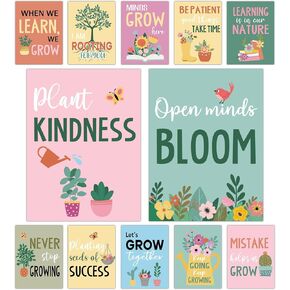 12Pcs Spring Bulletin Board for Classroom Motivational Poster Flower Poster Bulletin Board When We Learn We Grow Inspirational Green Plant Positive Quote for Elementary High School Supplies