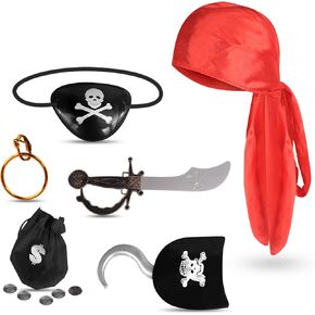 Pirate Costume for Kids, Halloween Party Pirate Costume Set 7 Pcs, Carnival Dress Up Costume, Pirate Cosplay, Kids Role Play Game, Boys Girls Party Favors Accessories