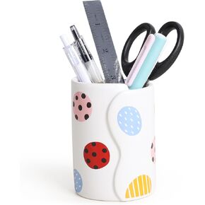 Ceramic Pen Holder for Desk, Pencil Holder Stand with Polka Dots, Pencil Cup Pot, Desktop Organizer for Office, Home, School (White)