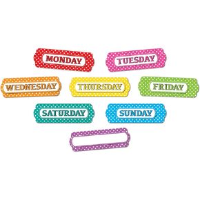 Ashley Productions Magnetic Die-Cut Timesavers & Labels, Days of the Week, White Polka Dots On Assorted Colors, 8 Pieces