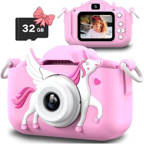 Unicorn Kids Selfie Camera,Unicorn Gifts for Girls Age 3-12,HD Kids Digital Video Cameras for Toddler,Toy for 3 4 5 6 7 Years Old Teens with 32GB SD Card,Christmas Birthday Gift for Girls