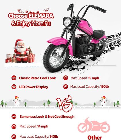 ELEMARA Electric Dirt Bike, 24V Ride on Toy for Big Kids,15 mph & 150lb Max, Kids Motorcycle w/Raised Handlebars, Power Display, Twist-Grip Throttle,Shock Springs, Key Start,Handbrake, 12" Tires-Pink in Saudi Arabia