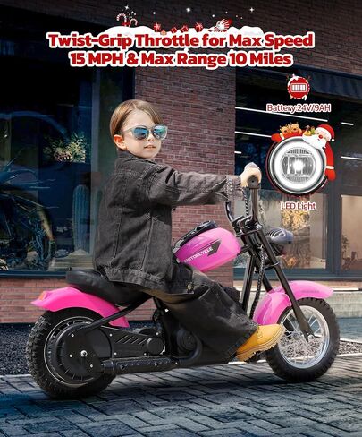 ELEMARA Electric Dirt Bike, 24V Ride on Toy for Big Kids,15 mph & 150lb Max, Kids Motorcycle w/Raised Handlebars, Power Display, Twist-Grip Throttle,Shock Springs, Key Start,Handbrake, 12" Tires-Pink in Saudi Arabia