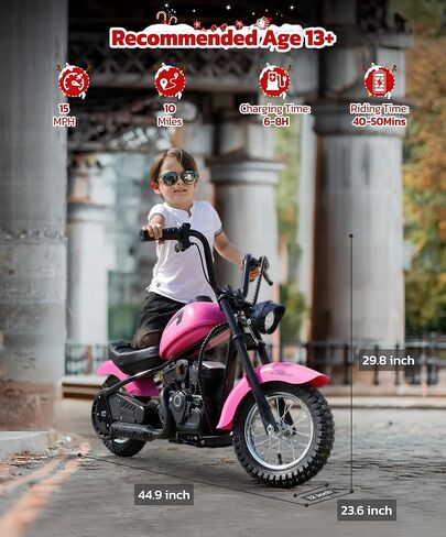 ELEMARA Electric Dirt Bike, 24V Ride on Toy for Big Kids,15 mph & 150lb Max, Kids Motorcycle w/Raised Handlebars, Power Display, Twist-Grip Throttle,Shock Springs, Key Start,Handbrake, 12" Tires-Pink in Saudi Arabia
