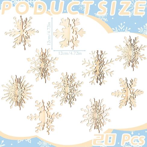20 Pcs Snowflakes DIY Wooden for Crafts 3D Wood Snowflake Christmas Table Decorations Winter Snowflake Signs Winter Wooden Xmas Fireplace Unfinished Blank Wood Snowflake Christmas Party Home Gift in Saudi Arabia