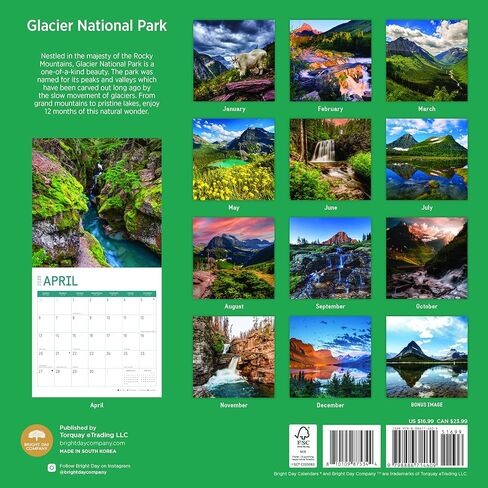 2025 Glacier National Park Monthly Wall Calendar by Bright Day, 12 x 12 Inch National Park Scenic Photography in Saudi Arabia