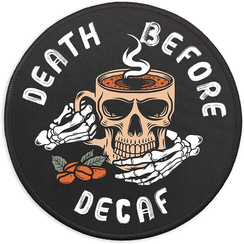 YAZMEEN Death Before Decaf Mousepad، لوحة ماوس مضحكة على شكل جمجمة مع قاعدة مطاطية غير قابلة للانزلاق بحافة مخيطة، حصيرة ماوس دائرية بهيكل عظمي لمستلزمات ألعاب الكمبيوتر المحمول، ملحقات مكتب المنزل لمحبي القهوة in Saudi Arabia