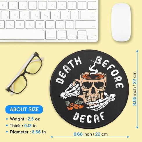 YAZMEEN Death Before Decaf Mousepad، لوحة ماوس مضحكة على شكل جمجمة مع قاعدة مطاطية غير قابلة للانزلاق بحافة مخيطة، حصيرة ماوس دائرية بهيكل عظمي لمستلزمات ألعاب الكمبيوتر المحمول، ملحقات مكتب المنزل لمحبي القهوة in Saudi Arabia