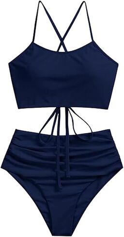ZAFUL Women's Crisscross Ruched High Waisted Bottom Bikini Set Two Piece Swimsuit Tankini in Kuwait