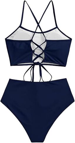 ZAFUL Women's Crisscross Ruched High Waisted Bottom Bikini Set Two Piece Swimsuit Tankini in Kuwait