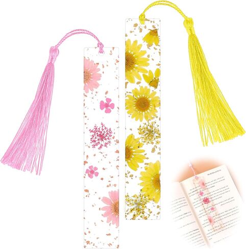 2 Pcs Pressed Flower Bookmarks Clear Resin Book Marks with Tassels Cute Dried Floral Book Marker Handmade Marking Reading Accessories Gift for Bookworms Women in Saudi Arabia