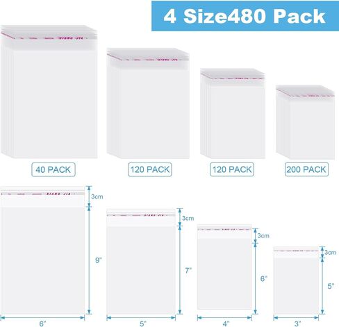 Geyoga 480 Pcs Clear Plastic Cello Bag Resealable Self Sealing Cellophane Bag for Candy Cookies Decorative Wrapper (2 x 3, 3 x 4, 3.5 x 5, 4 x 6 Inches) in Saudi Arabia