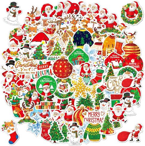 100Pcs Holographic Christmas Stickers,Funny Kawaii Glitter Sticker Pack,Waterproof Vinyl Stickers Include Santa Claus,Christmas Tree,Elk,Bells,Etc Christmas Best Gifts for Kids and Teens in Saudi Arabia