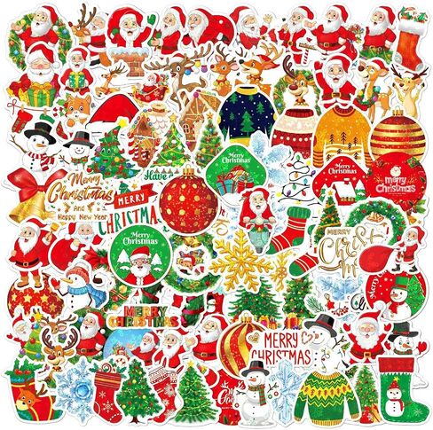 100Pcs Holographic Christmas Stickers,Funny Kawaii Glitter Sticker Pack,Waterproof Vinyl Stickers Include Santa Claus,Christmas Tree,Elk,Bells,Etc Christmas Best Gifts for Kids and Teens in Saudi Arabia