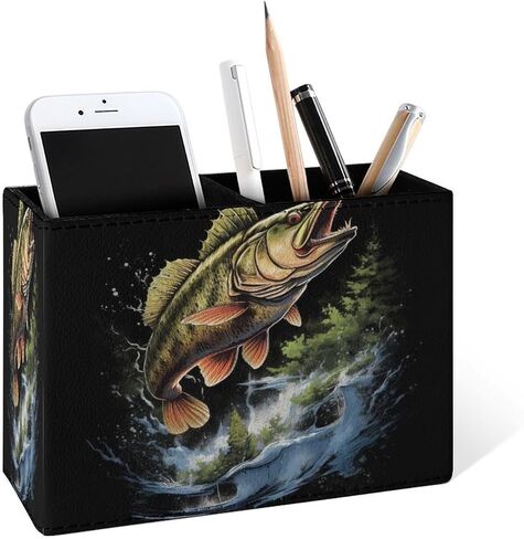 Famame Bass Fish Fishing Hunting Camping Pencil Holder for Desk, Leather Desktop Container Pen Cup Storage Study Table Pen Organizer Makeup Brush Holder for Classroom Office Home in Saudi Arabia
