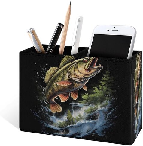 Famame Bass Fish Fishing Hunting Camping Pencil Holder for Desk, Leather Desktop Container Pen Cup Storage Study Table Pen Organizer Makeup Brush Holder for Classroom Office Home in Saudi Arabia