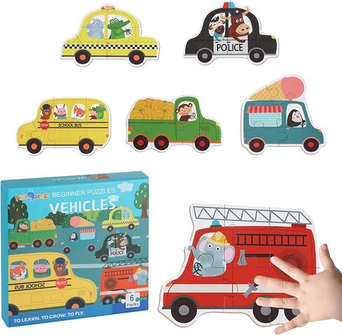 FLYINGSEEDS 6 Packs Vehicles Shaped Wooden Jigsaw Puzzles for Toddlers 1-3, Easy Puzzles with Pattern Blocks, Montessori Learning Toys Preschool Educational Game Class Teaching Best Gifts for Kids 2-4 in Saudi Arabia
