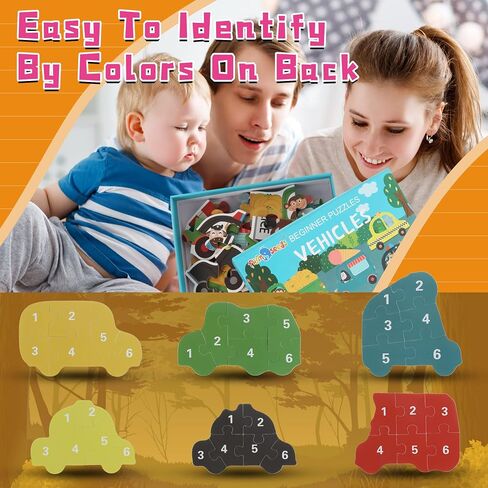 FLYINGSEEDS 6 Packs Vehicles Shaped Wooden Jigsaw Puzzles for Toddlers 1-3, Easy Puzzles with Pattern Blocks, Montessori Learning Toys Preschool Educational Game Class Teaching Best Gifts for Kids 2-4 in Saudi Arabia