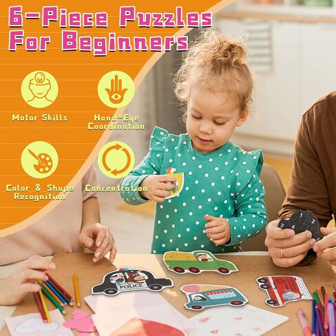 FLYINGSEEDS 6 Packs Vehicles Shaped Wooden Jigsaw Puzzles for Toddlers 1-3, Easy Puzzles with Pattern Blocks, Montessori Learning Toys Preschool Educational Game Class Teaching Best Gifts for Kids 2-4 in Saudi Arabia