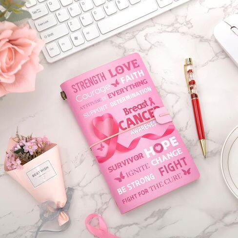 هدية للتوعية بسرطان الثدي، دفتر ملاحظات مبطن بشريط جلدي وردي، هدايا الناجيات من السرطان للنساء والأصدقاء المرضى، مجلة سفر ملهمة، دفتر مذكرات قوة الأمل والإيمان والشجاعة in Kuwait