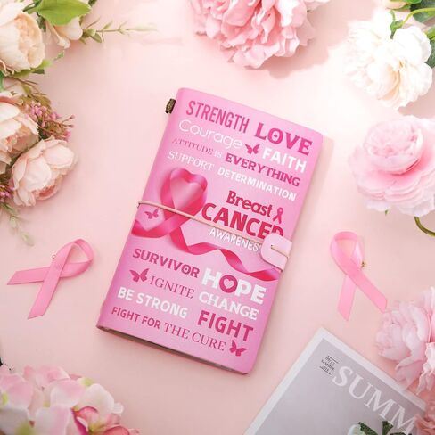 هدية للتوعية بسرطان الثدي، دفتر ملاحظات مبطن بشريط جلدي وردي، هدايا الناجيات من السرطان للنساء والأصدقاء المرضى، مجلة سفر ملهمة، دفتر مذكرات قوة الأمل والإيمان والشجاعة in Kuwait