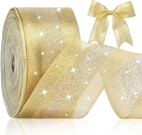 Waydress Christmas Gold Wired Ribbon 2.5 Inch Striped Glitter Wrapping Ribbon Tree Ribbon DIY Wired Edge Ribbon for Home Yard Wrapping DIY Craft Wreath Decor(Shining Gold, 30 Yards) in Kuwait